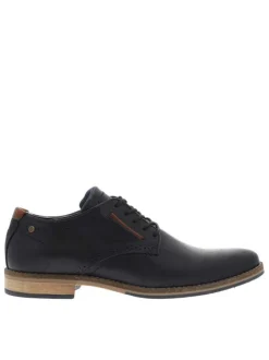 Derbies en cuir patiné marine à talon décroché bas et à lacets ronds enduis