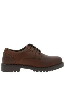 Derbies en cuir tan à talon décroché bas avec des lacets ronds