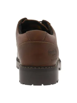 Derbies en cuir tan à talon décroché bas avec des lacets ronds
