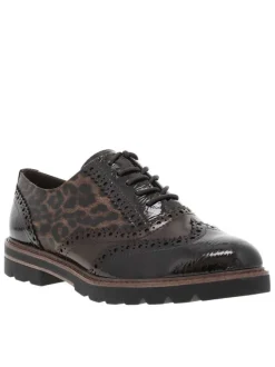 Derbies léopard avec empiècements marron vernis et semelle à talon décroché bas
