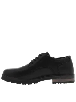Derbies noires à talon plat avec des lacets plats et un logo métallique