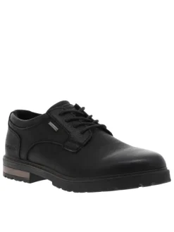 Derbies noires à talon plat avec des lacets plats et un logo métallique