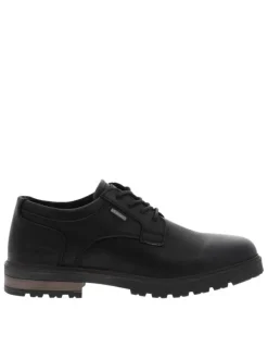 Derbies noires à talon plat avec des lacets plats et un logo métallique