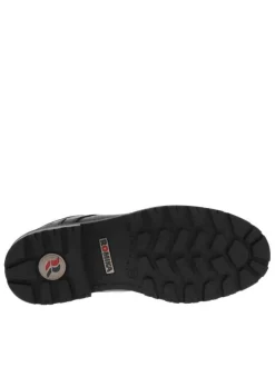 Derbies noires à talon plat avec des lacets plats et un logo métallique