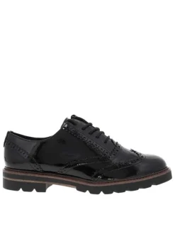 Derbies noires vernies avec semelle à talon décroché bas et lacets ronds