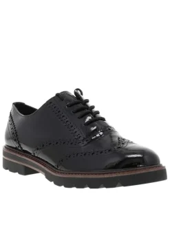 Derbies noires vernies avec semelle à talon décroché bas et lacets ronds