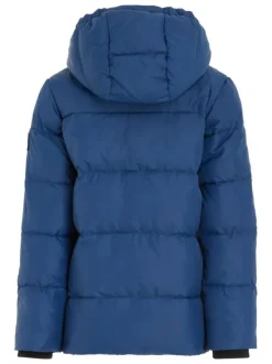 Doudoune à capuche bleue unie avec nom de la marque inscrit sur la poitrine
