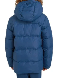Doudoune à capuche bleue unie avec nom de la marque inscrit sur la poitrine