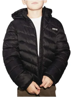 Doudoune à capuche détachable noire matelassée à coupe droite avec un patch