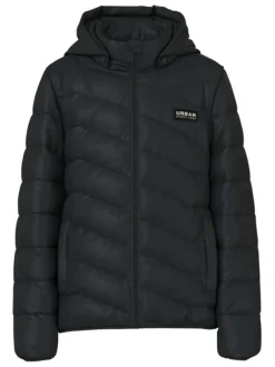 Doudoune à capuche détachable noire matelassée à coupe droite avec un patch