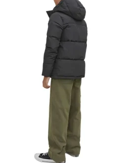 Doudoune à capuche noire matelassée à coupe droite avec imprimé nom de la marque