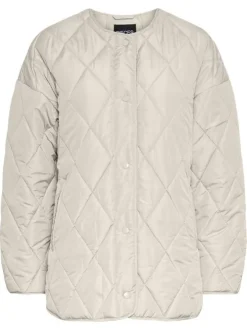 Doudoune beige unie matelassée avec une coupe droite et un col rond