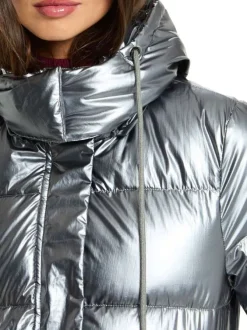 Doudoune à capuche longue argentée brillante matelassée à coupe droite