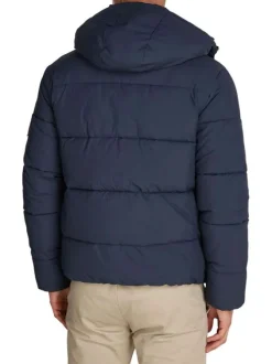 Doudoune à capuche marine unie avec une coupe droite et des manches longues