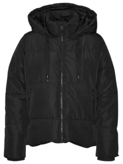 Doudoune à capuche noire matelassée avec une coupe large et un col montant