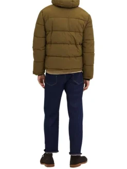 Doudoune kaki unie avec un col montant et à capuche fixe