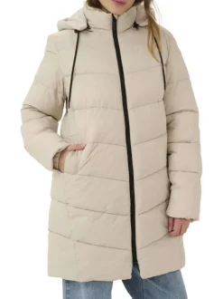 Doudoune longue beige matelassée à coupe droite avec un col montant à capuche