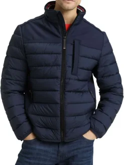 Doudoune marine uni avec une coupe droite et des poches zippées