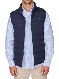 Doudoune marine uni avec une coupe droite et un col montant pourvu d'un zip