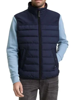 Doudoune marine uni avec une fermeture zippée et un col montant