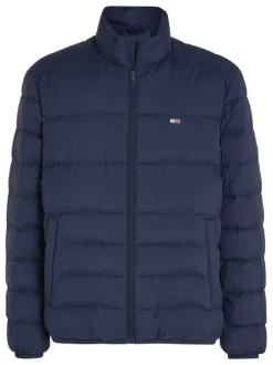 Doudoune marine unie droite à col montant zippé et logo sur la poitrine