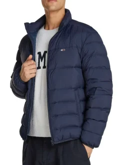 Doudoune marine unie droite à col montant zippé et logo sur la poitrine