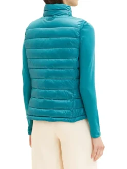 Doudoune sans manches en tissu satiné matelassé turquoise à col montant et zip