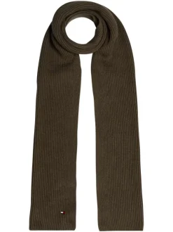 Echarpe en coton mélangé kaki unie cotelée avec logo brodé sur une extrémitée