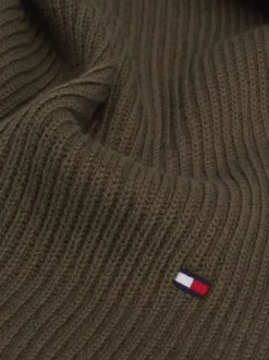Echarpe en coton mélangé kaki unie cotelée avec logo brodé sur une extrémitée