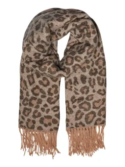 Echarpe beige à motif léopard camel et marron avec franges
