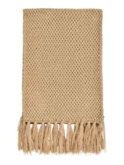 Echarpe beige unie en mailles croisées avec franges et fils en lurex