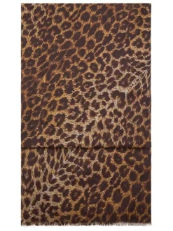 Echarpe brune ornée d'un motif léopard et pourvue de finitions frangées