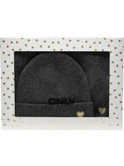 Echarpe noir unie en coffret cadeau avec un bonnet à revers et un cœur brodé