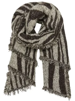 Echarpe taupe unie douce en zébré noir avec des franges aux extrémités