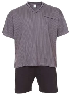 Ensemble de Pyjama court en coton anthracite rayé à coupe large et un col en V