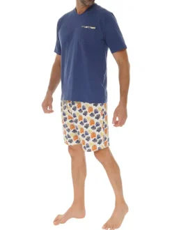 Ensemble de pyjama court en coton marine avec une coupe fermée et un col v