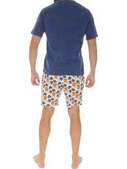 Ensemble de pyjama court en coton marine avec une coupe fermée et un col v