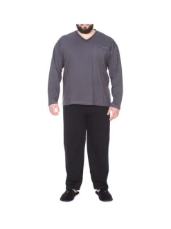Ensemble de Pyjama long en coton anthracite rayé à coupe large et un col en V