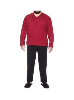 Ensemble de Pyjama long en coton bordeaux rayé à coupe large et un col en V