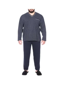 Ensemble de Pyjama long en coton marine rayé à coupe large et un col en V
