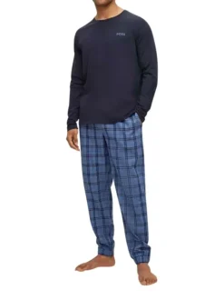 Ensemble de pyjama long en twill de coton bleu marine uni à coupe droite ample et col rond
