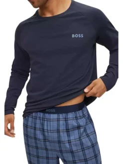 Ensemble de pyjama long en twill de coton bleu marine uni à coupe droite ample et col rond