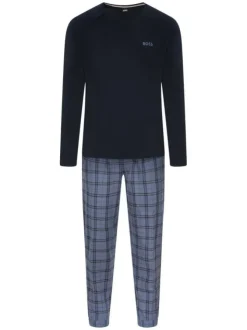 Ensemble de pyjama long en twill de coton bleu marine uni à coupe droite ample et col rond