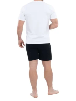 Ensemble pyjama court en coton biologique blanc et noir à coupe fermée, ceinture à lien