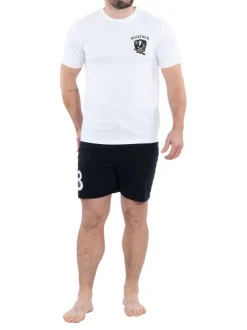 Ensemble pyjama court en coton biologique blanc et noir à coupe fermée, ceinture à lien