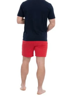Ensemble pyjama court en coton biologique bleu marine et rouge à coupe fermée, ceinture à lien