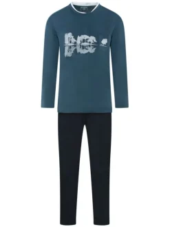 Ensemble pyjama long en coton biologique bleu ciel à coupe droite et pantalon uni à cordon de serrage blanc