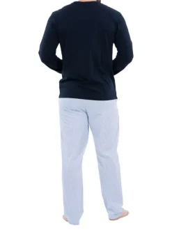 Ensemble pyjama long en coton biologique bleu marine à pantalon motif Vichy ciel à coupe fermée