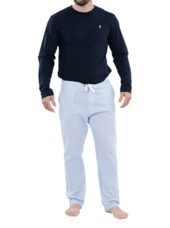Ensemble pyjama long en coton biologique bleu marine à pantalon motif Vichy ciel à coupe fermée