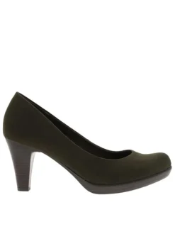 Escarpins à décolleté arrondi et talon bottier vert olive effet cuir suède all over